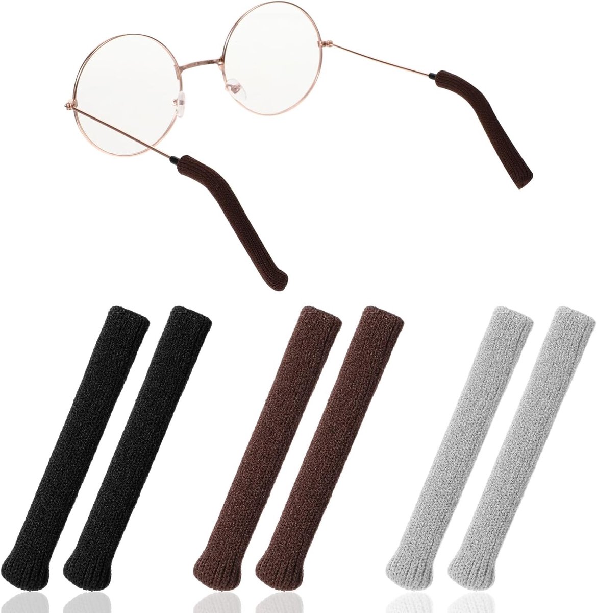 SnelShoppen - Soft Knitting Cotton Oortjes voor Bril, Anti-Slip Elastische Comfortabele Bril Temples, 3 Paar Zwart+Bruin+Grijs, Ideaal voor Zonnebrill