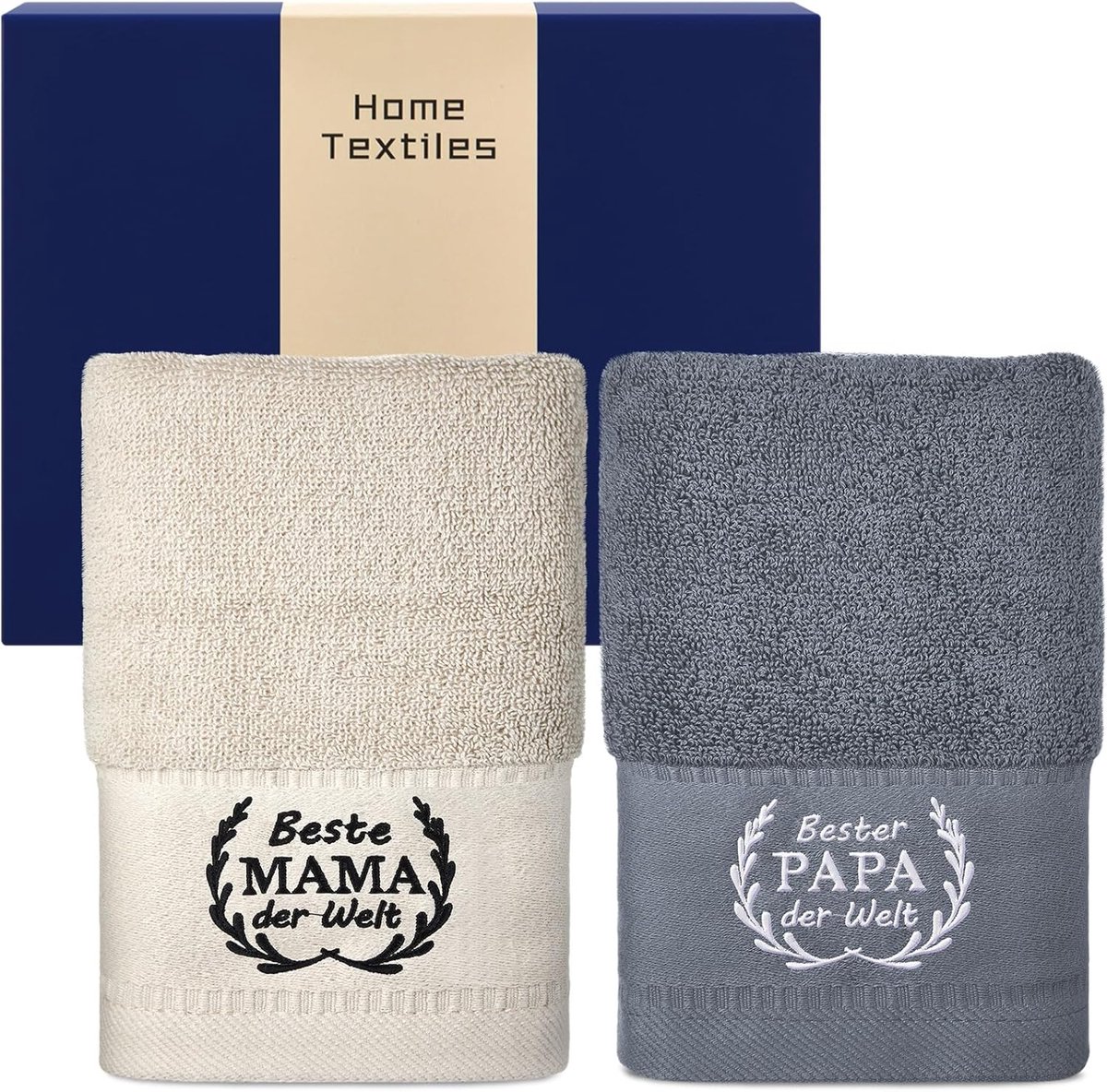 SnelShoppen - Handdoeken Set voor Mama en Papa 35 x 70cm Geborduurd - Cadeau voor Moederdag, Vaderdag, Verjaardag, Kerst - Wit en Grijs - Perfecte Ver