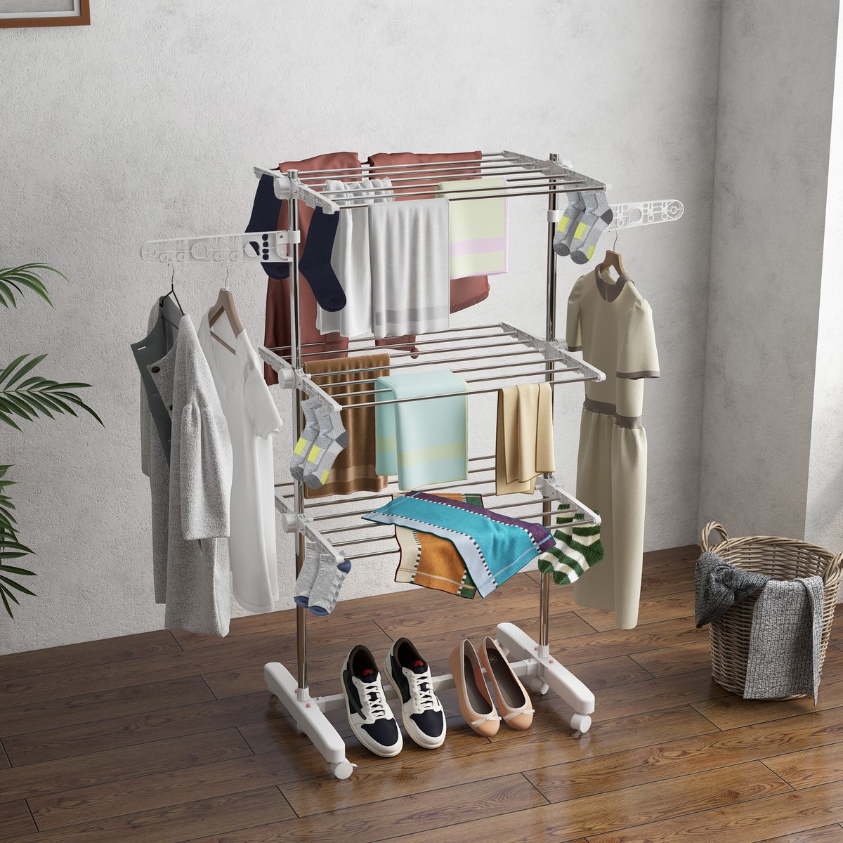 COVREO Droogtoren 142 x 55 x 152 cm - inklapbaar, 3 niveaus, met wielen, wit staal