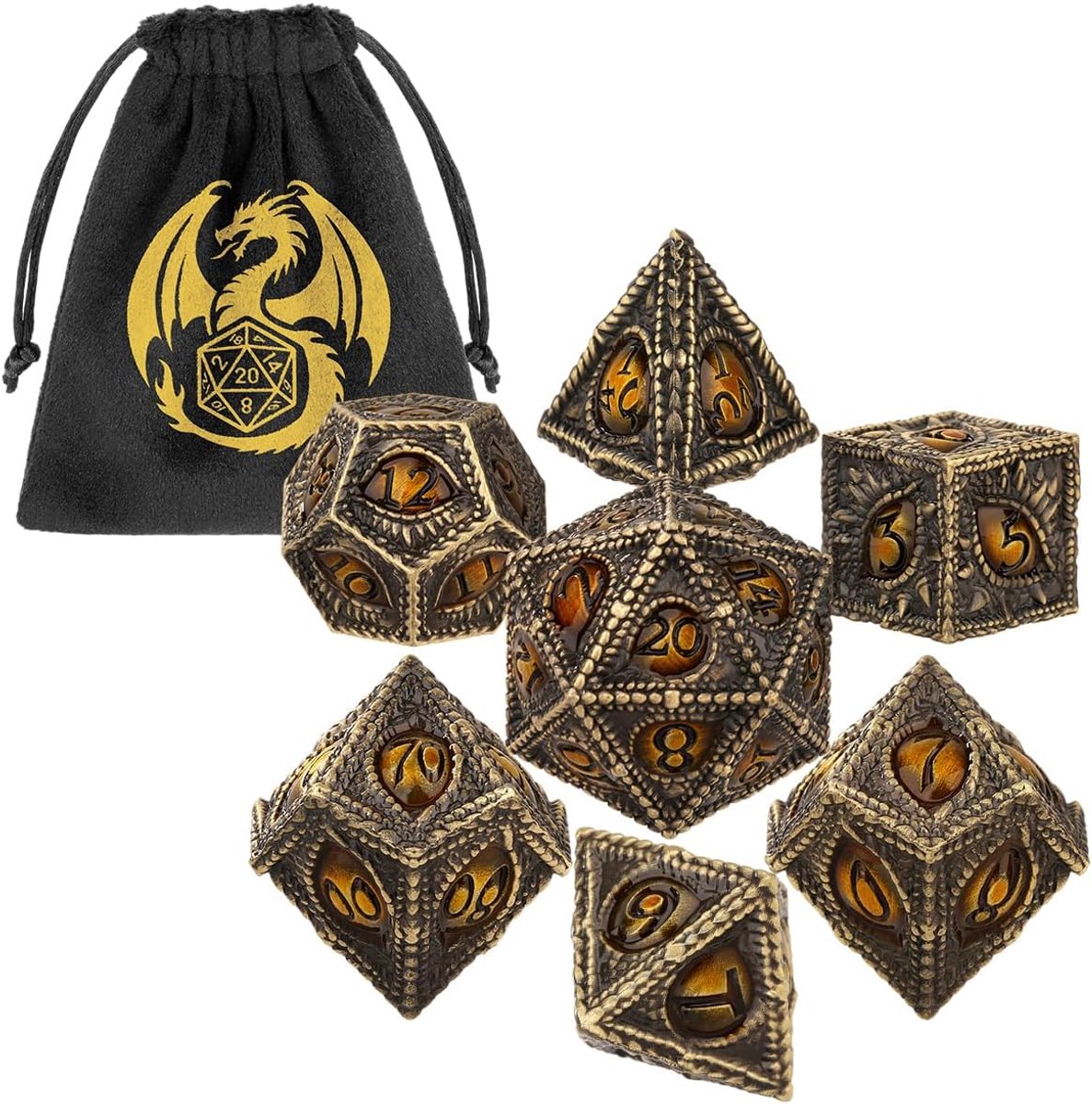 SnelShoppen - D&D Dobbelstenen Set van Metaal, 7-delige Drakenoog Thema, Antieke Bronskleur, Polyeder D4 D6 D8 2D10 D12 D20 voor RPG, Tafelspellen, Ro