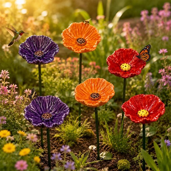 Keramische tuinsteker bloem / drinkplaats voor bijen vlinders vogels / handgeschilderd / mini vogelbad / tuindecoratie voor buiten / cadeau voor tuinliefhebbers / decoratieve bloemstekers voor minituin