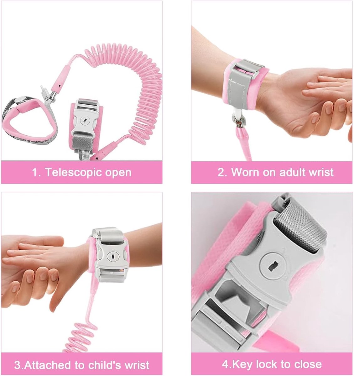 Rekbare anti-verliesarmband voor kinderen van 2,5 m met sleutel en 360° rotatie, veilig harnas voor reizen, winkelen en openbare plaatsen