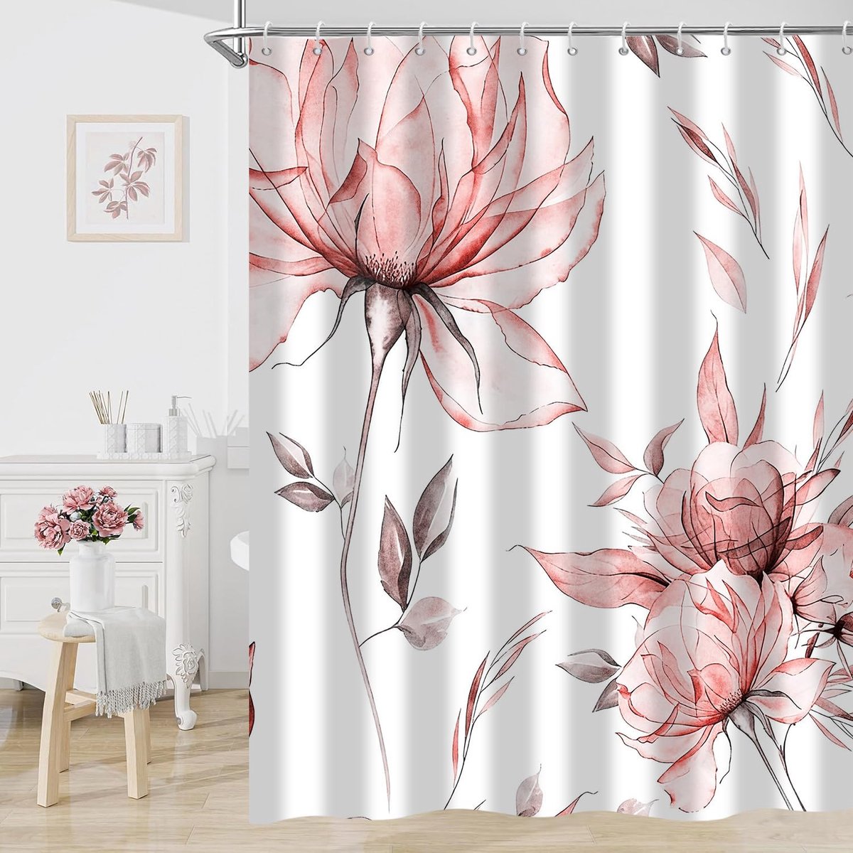 SnelShoppen - Douchegordijn Waterkleur Bloemen 180 x 200 cm, Rood Boho Bloemen Bladeren Modern Minimalistisch Waterdicht Polyester Wasbaar met Haakjes