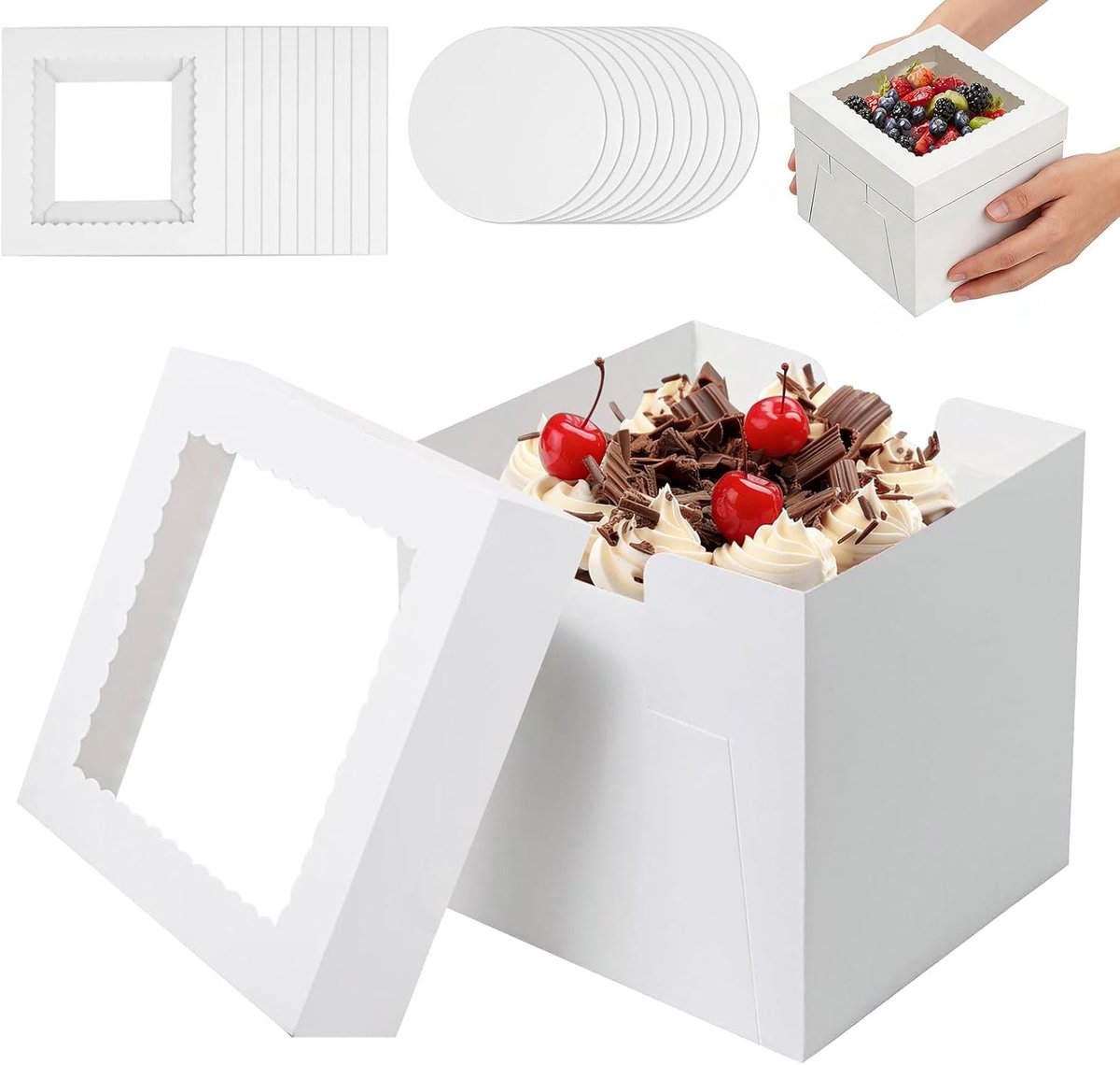 SnelShoppen - 10-delige cakebox set met transparante kijkvenster (30x30x20 cm) - Perfect voor feestjes, evenementen, dagelijkse gebruik, inclusief taa