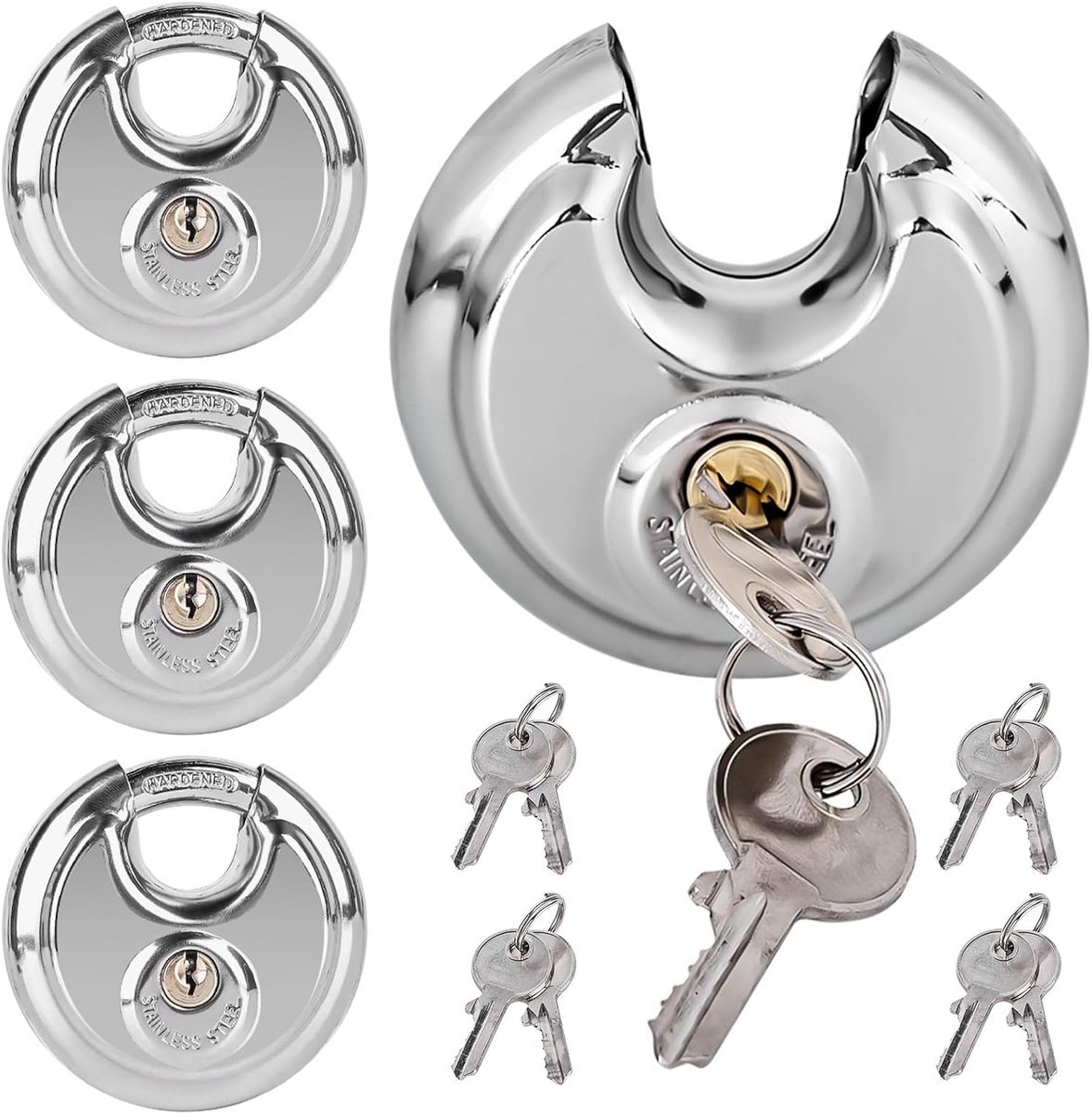 SnelShoppen - 4 Stuks Ronde Hangslot 70mm - 8 Sleutels - RVS Schijfslot - Roestvrij en Weerbestendig - Veiligheidsslot voor Tuin, Camping en Binnengeb