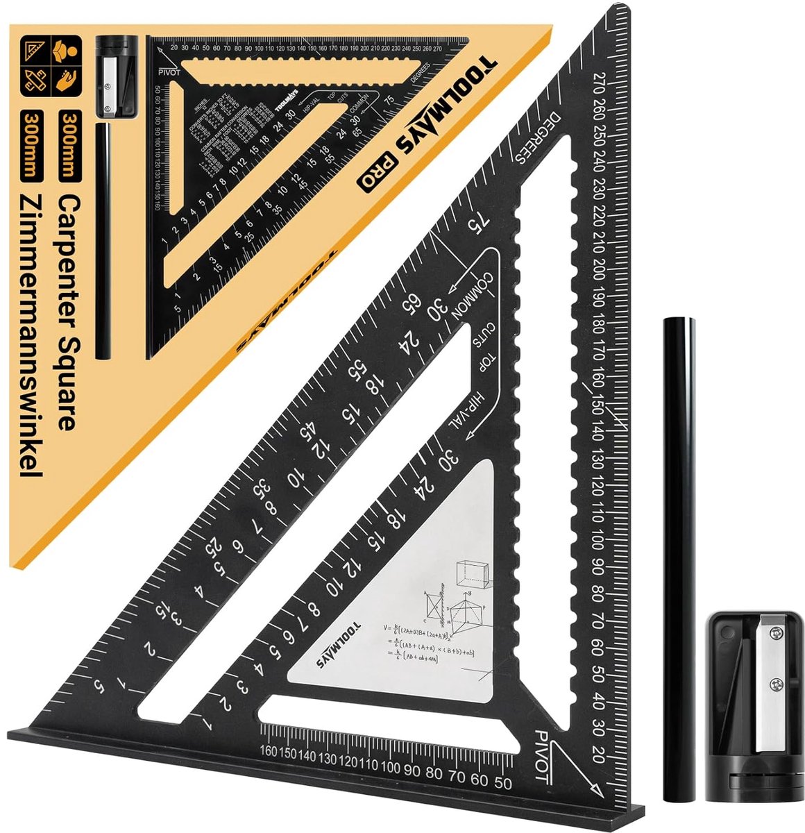 SnelShoppen - Carpenter Corner 300mm Speed Square, Erasable Noteboard, Timmermanspotlood Set met Slijper voor Houtbewerking, Meten en Tekenwerk