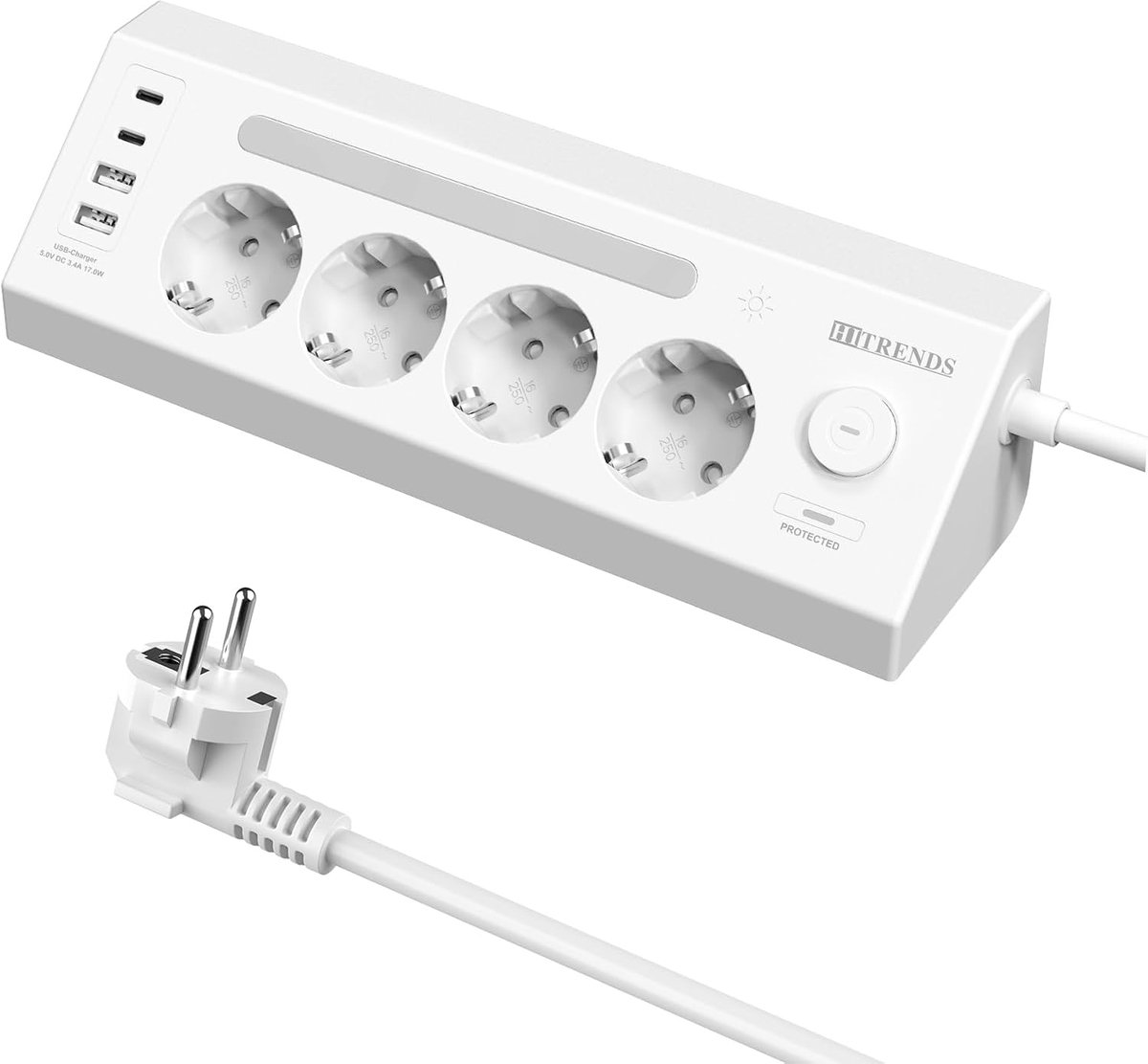 SnelShoppen - 4-voudige Hoekstekkerdoos met 3 USB-poorten, Tafelstopcontact met USB C, Bureau Stekkerdoos met Licht, 2 meter, Wit - Perfect voor Thuis