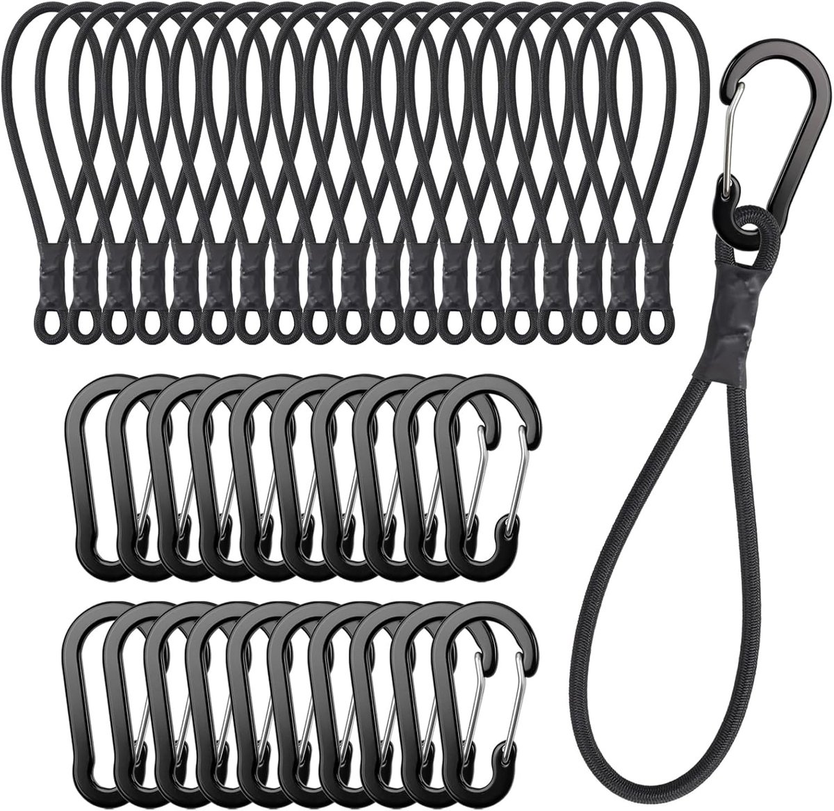 SnelShoppen - Pack van 20 Bungee Cords met Haken - Elastische Korte Bungee Touwen met Aluminium Carabiners - Ideaal voor Camping, Tent, Zeil en Fixati