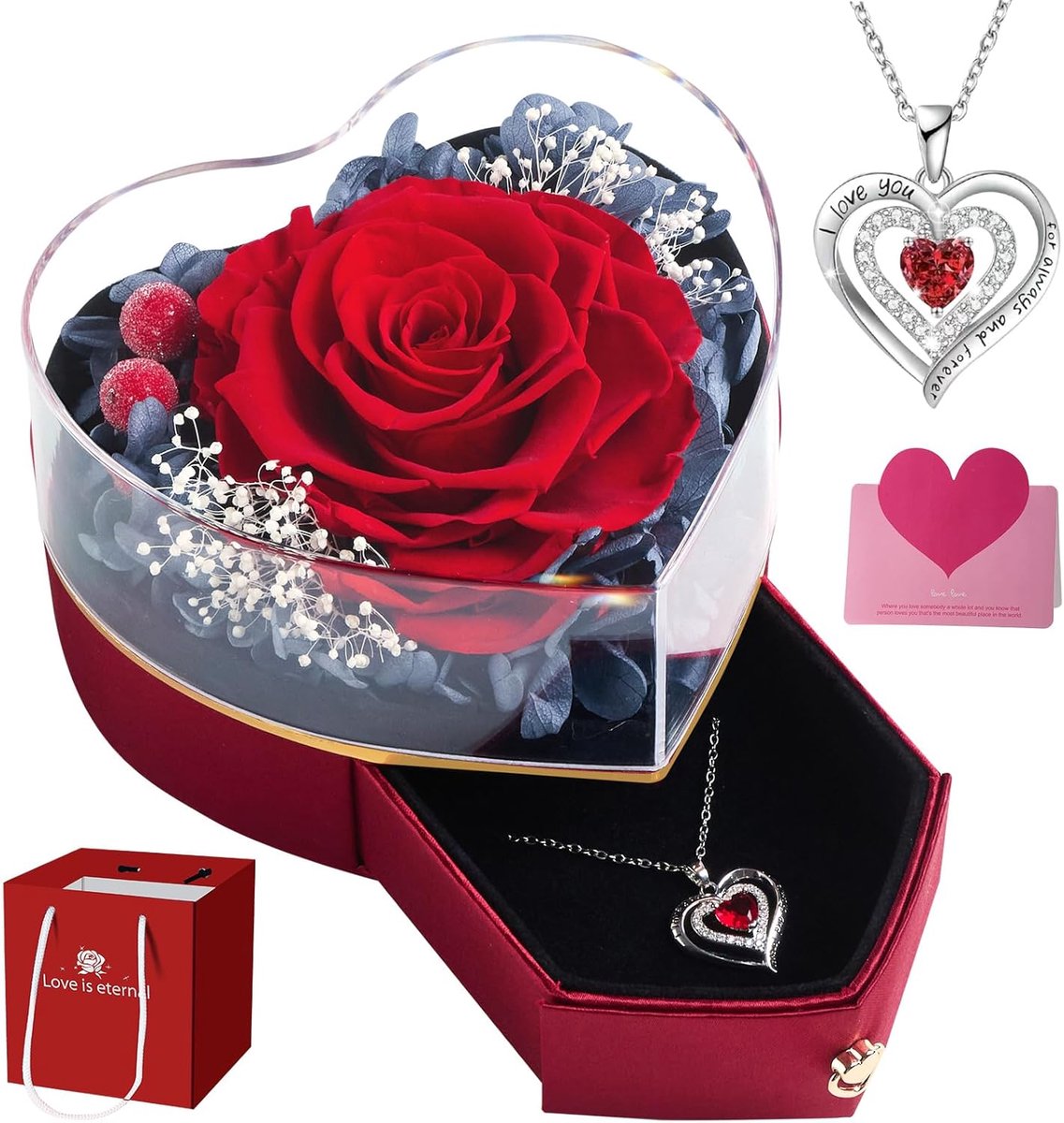 SnelShoppen - Luxe cadeau voor Moederdag - Eeuwige roos van echte bloemen met hartketting en sieradendoosje - Perfect geschenk voor moeder, vrouw, ver