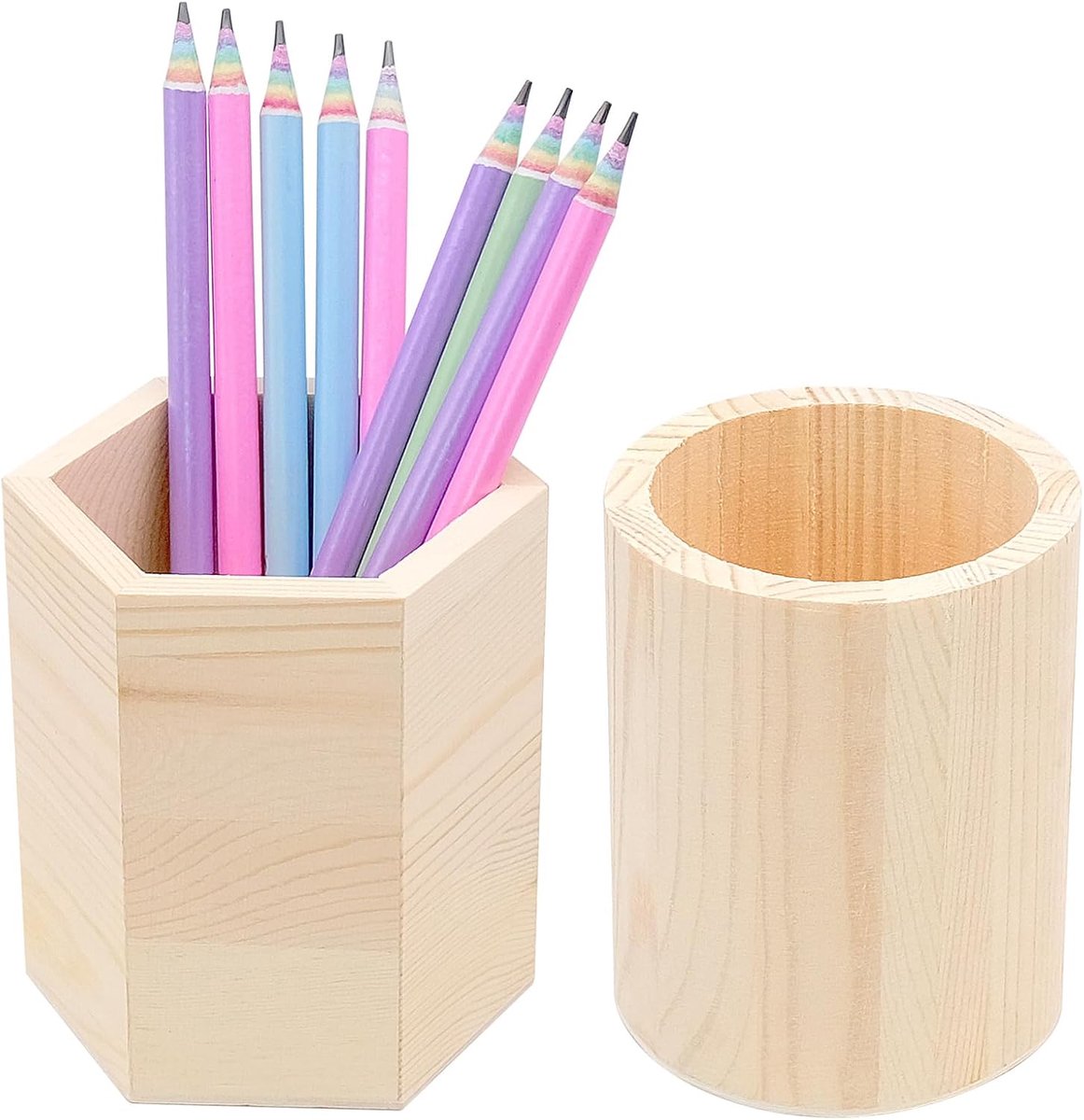 SnelShoppen - 2 Stuks Houten Penhouder - Ronde en Hexagonale Pen Jar voor DIY - Kleine Houten Cadeau voor Bureau, Make-up, School - Natuurlijk en Duur