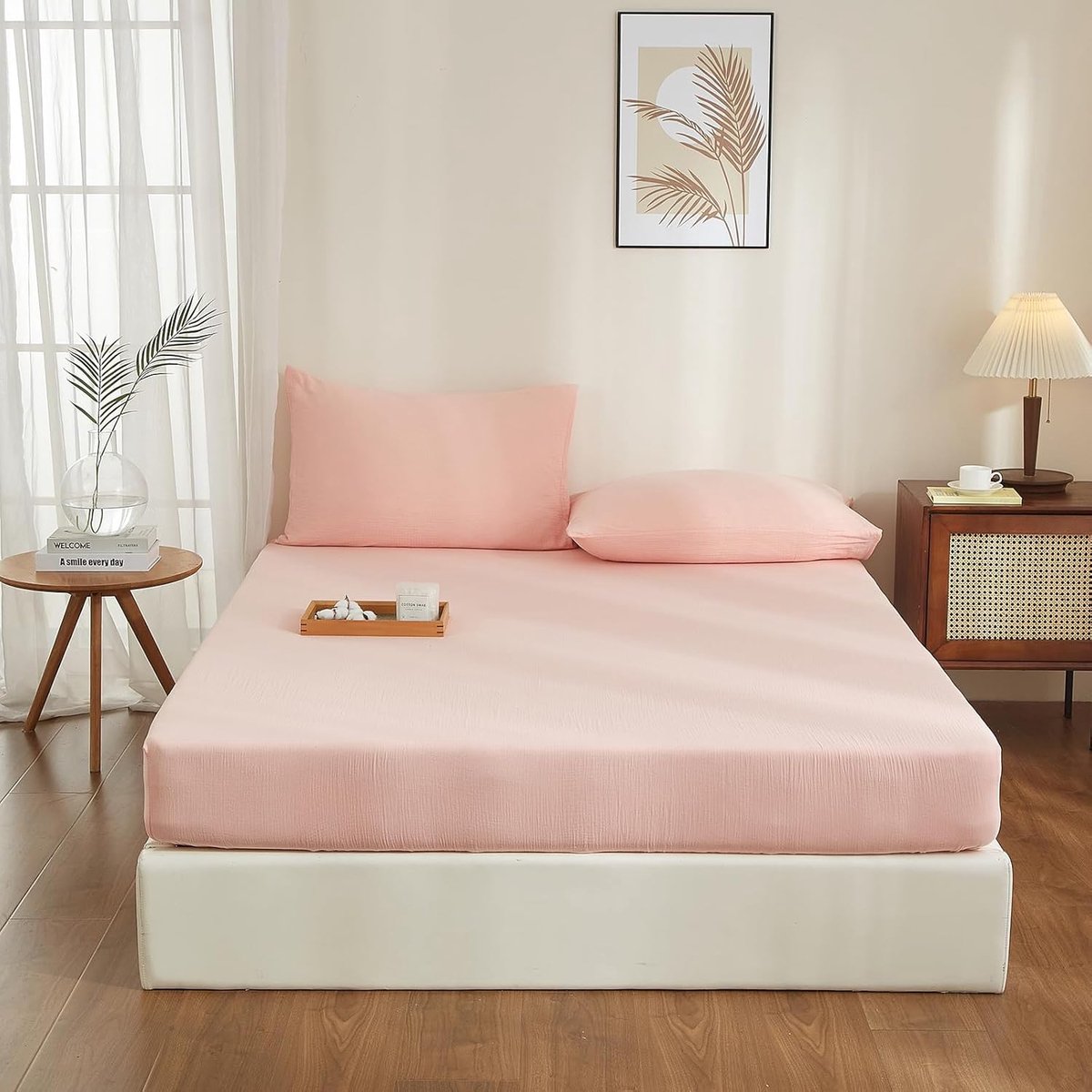 SnelShoppen - Fitted Sheet 140x200 cm - Double Muslin Bedlinnen - 100% Katoen - Roze - Ademend en Comfortabel - Geschikt voor Boxspring Tot 30cm Hoogt