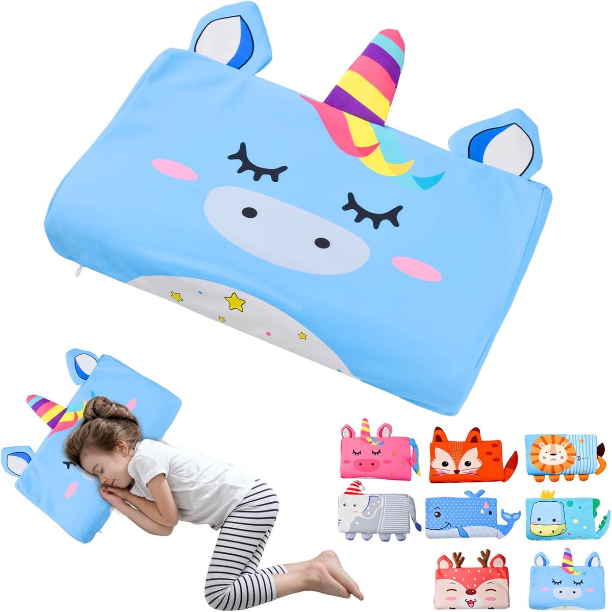 SnelShoppen - Kids Memory Foam Kussen - Hypoallergene Anti-Mijt Kinderkussen met Hoes - Blauw Eenhoorn - Perfect voor Kinderen van 3-10 Jaar - 45x27x5