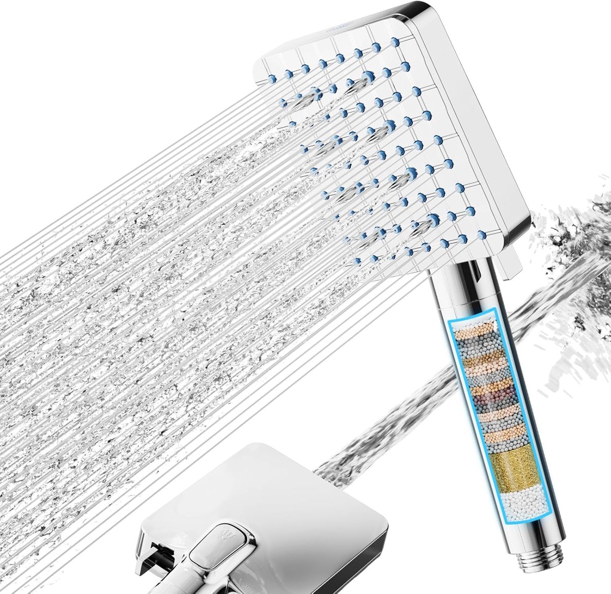 SnelShoppen - Cobbe Douchekop met Filter voor Hard Water, Hogedruk Waterbesparende Handdouche met 20-Traps Filter, 6 + 1 Straalsoorten, Verwijdert Chl