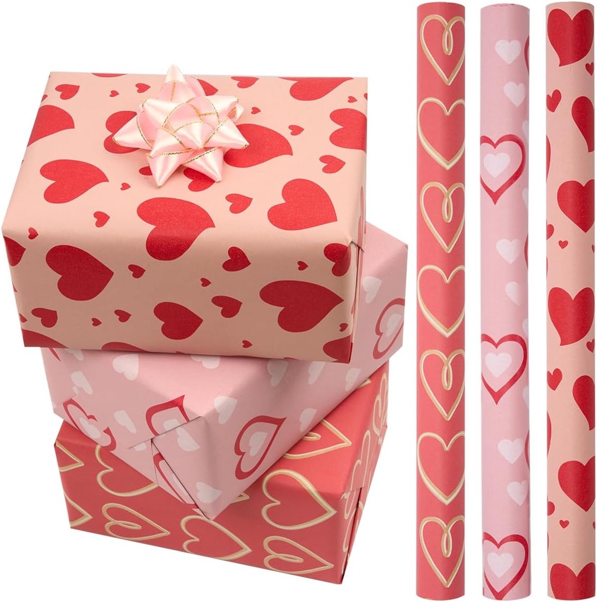 SnelShoppen - 3 Rollen Roze Cadeaupapier 43 cm x 3 m - Hart Inpakpapier voor Valentijnsdag, Verjaardag, Bruiloft en Feestdecoratie