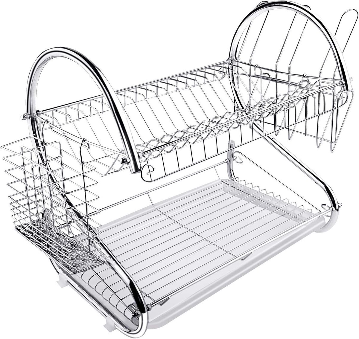 SnelShoppen - 2 Laags Afwasrek met Beker- en Komhouder, Bestekstandaard en Snijplankhouder, RVS Keuken Organizer voor Platen, Bestek en Keukengerei