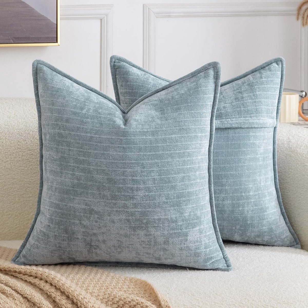 SnelShoppen - Set van 2 Decoratieve Kussenhoezen 50x50cm Vintage Boho Stijl Grijs Blauw Zacht Chenille Luxe Kussencases voor Bank Slaapkamer Woonkamer