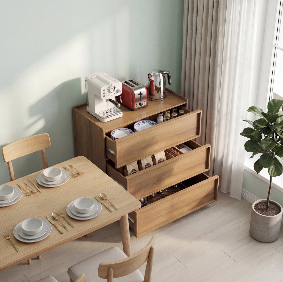 COVREO Dressoir 80 x 48 x 78 cm - eikenkleur, 3 lades, MDF en spaanplaat opbergkast