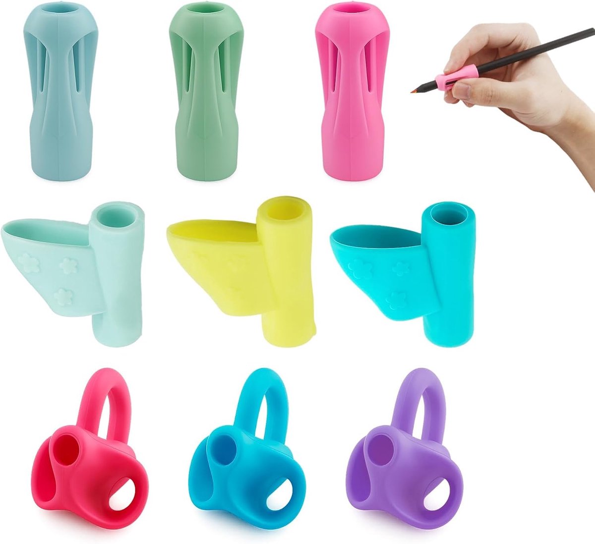 SnelShoppen - Pack van 9 ergonomische siliconen schrijfhandvaten voor kinderen, geschikt voor links- en rechtshandigen, ideaal voor beginners en kinde