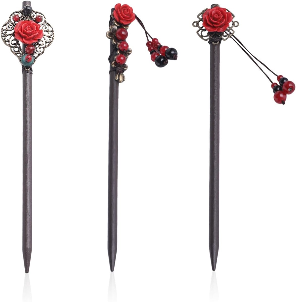 SnelShoppen - Pack van 3 Houten Haaraccessoires - Retro Bloem Haarversieringen - Duurzame Haardecoratie - 18 cm Lang - Ideaal voor Feest en Dagelijks