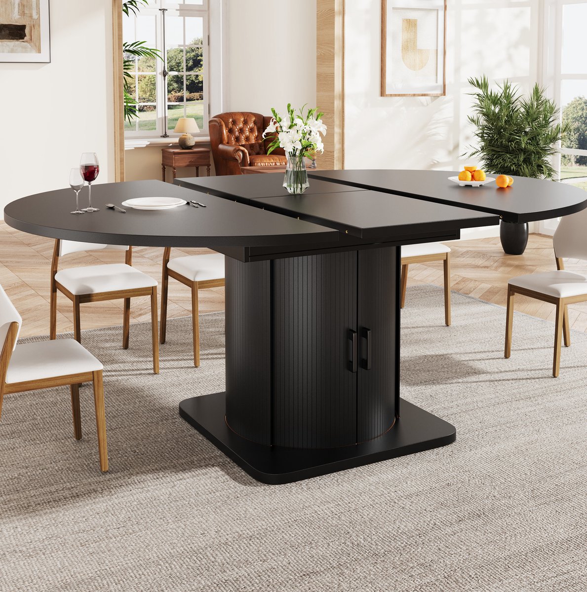 COVREO Eettafel 118-158x118x76 cm – zwart MDF, uitschuifbaar, met lade, tot 6 personen