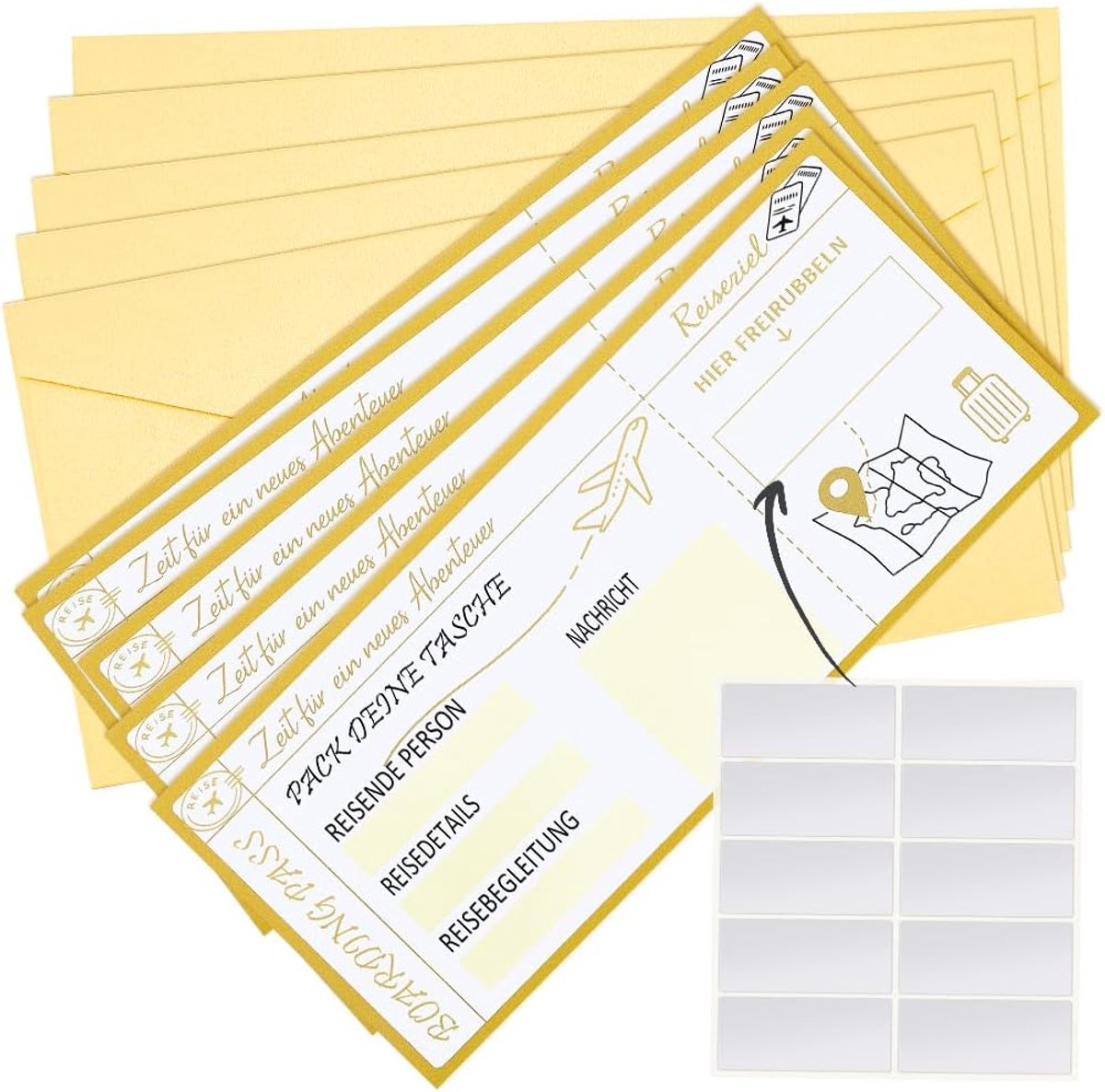 SnelShoppen - Set van 5 Reiskaarten met Enveloppen en Kraskaarten, Bordingspas Cadeaukaarten voor Verjaardag, Vakantie, Stedentrip, Creatief Geschenk