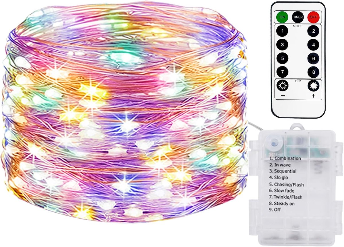 SnelShoppen - Fairy Lights 10m, 100 LED Draad Lampjes, Batterij met Afstandsbediening, Timer, 8 Modi, IP65 Waterdicht, Voor Binnen en Buiten Decoratie