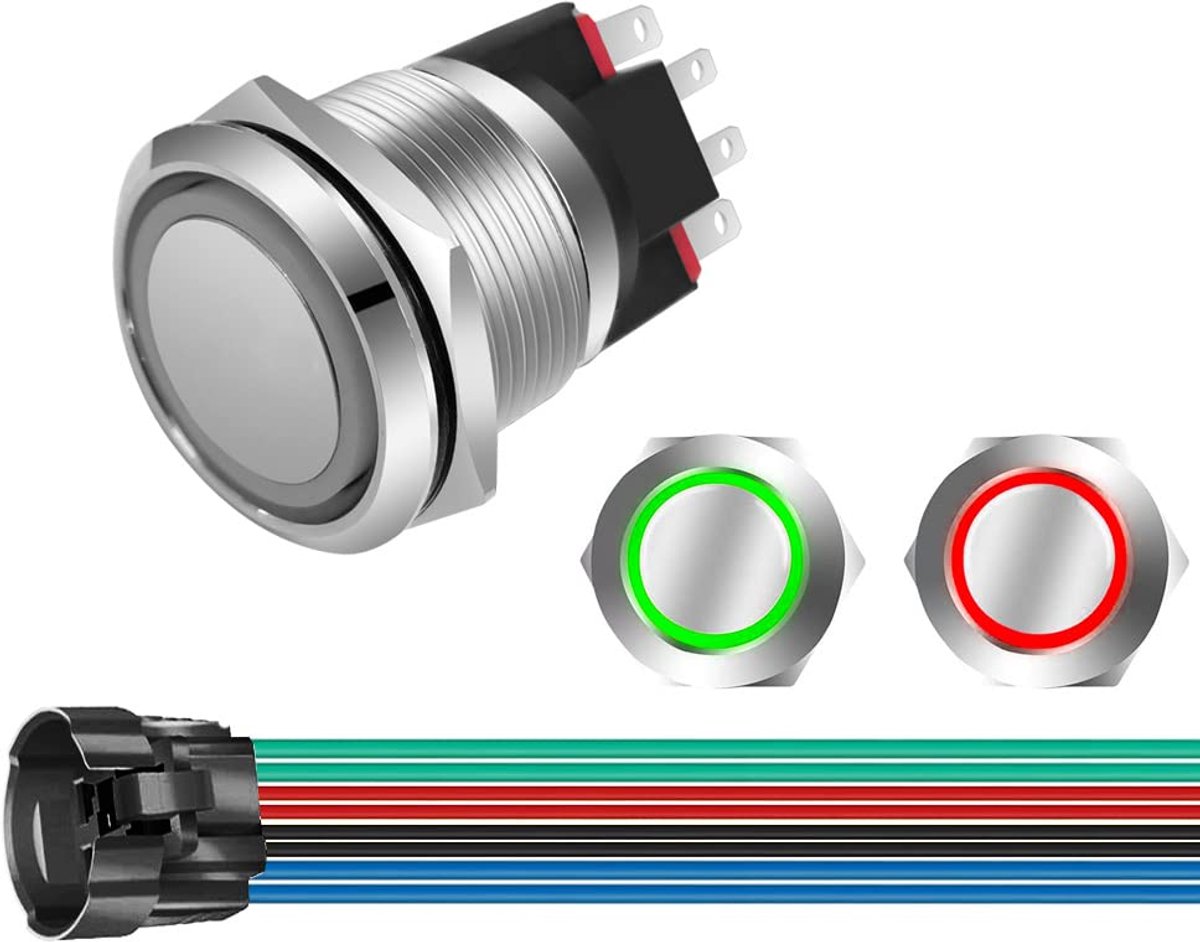 SnelShoppen - 12V-24V Momentary Push Button NO/NC Waterdicht Met LED Licht Groen/Rood 22mm Metaal Startknop met Stekker en Aansluitdraad