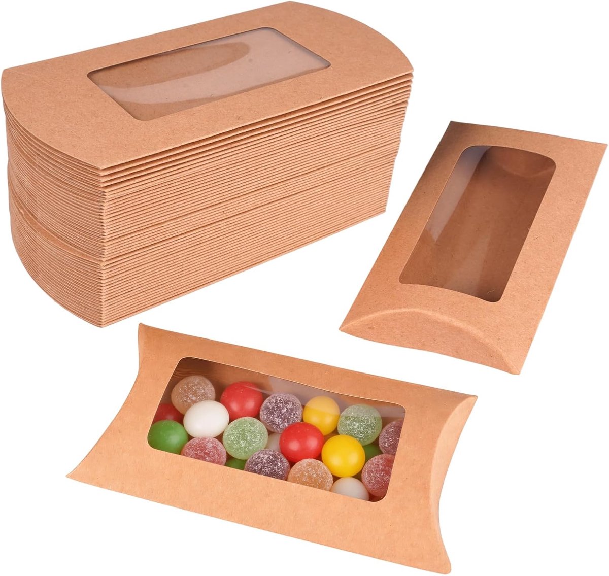 SnelShoppen - 50 stuks Kussendozen met Kijkvenster, Bruin, Kleine Vouwdozen van Kraftpapier voor Cadeaus, Mini-Geschenkdozen, Kartonnen Dozen voor Bru