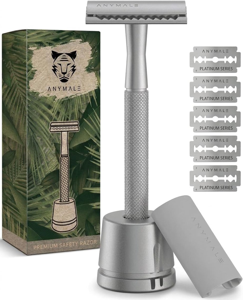 SnelShoppen - Rasierhobel Silver Edition Set - Duurzame metalen scheermes met 5 ASTRA bladen - Zero Waste scheerapparaat voor een gladde huid