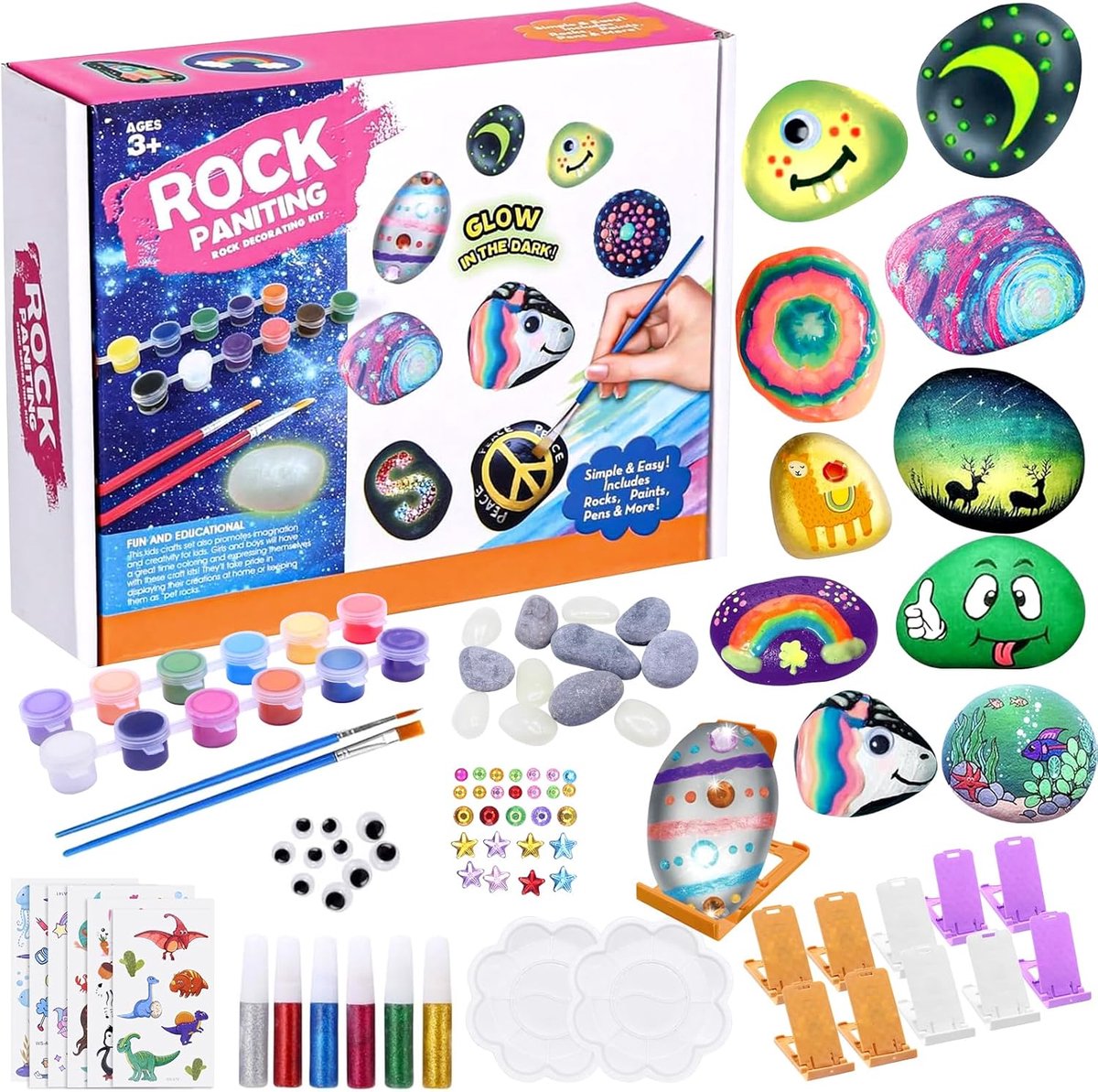 SnelShoppen - Stone Painting Set voor Kinderen - Creatieve Luminous Stones Set met 6 Natuurlijke Stenen, 12 Kleuren, Glitter en Stickers - Perfect voo