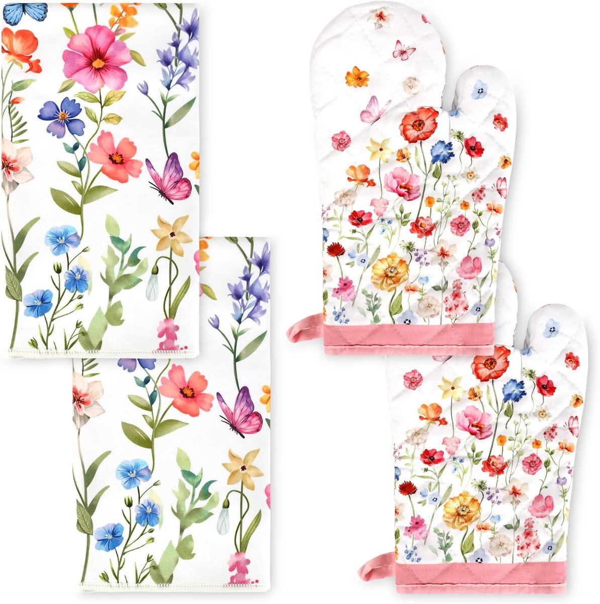 SnelShoppen - Keukenset met Ovenwanten en Theedoeken van Katoen, Wilde Bloemenmotief, Decoratieve Print, Set van 4, Hittebestendig, Absorberend, Ideaa