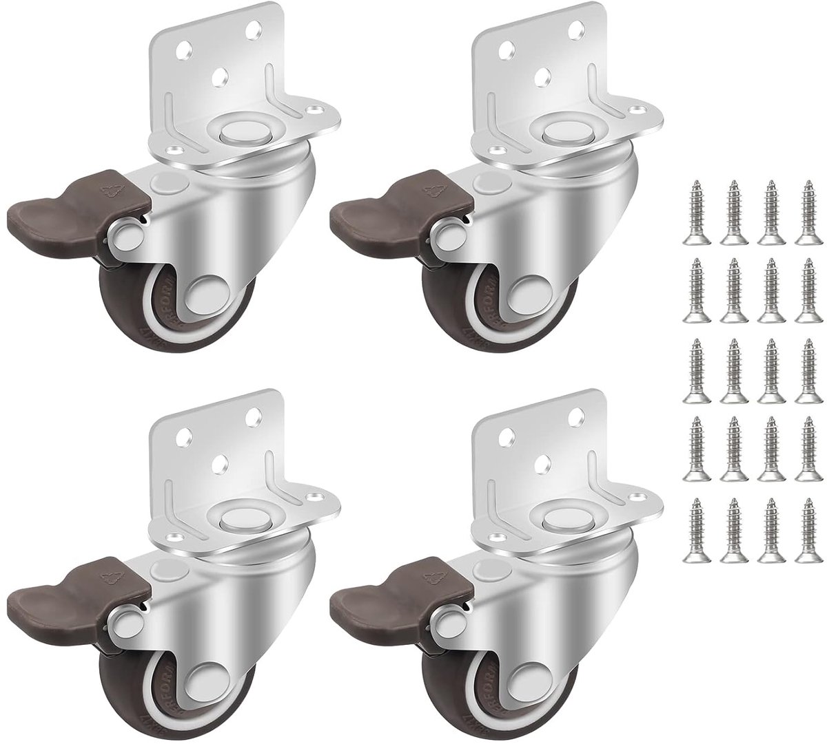 SnelShoppen - 4 Stuks DBREAKS Vrachtwielen 38 mm met Rem, Rubber Zwenkwielen voor Karren en Bedden, Inclusief 20 Schroeven, L-vormige Montageplaat, 22