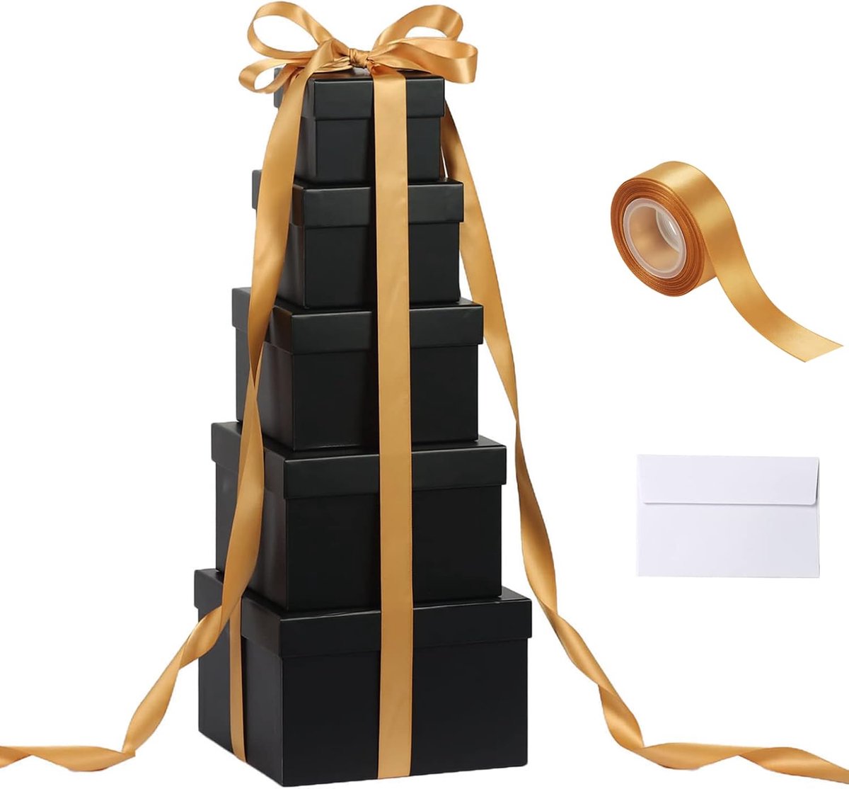SnelShoppen - Set van 5 Herbruikbare Cadeau Dozen met Zwarte Deksel, Vierkant en Stapelbaar, Ideaal voor Verjaardagen, Bruiloften en Kerstmis, 10-20 c