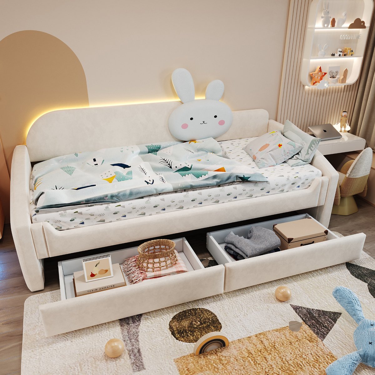 Slaapbank 90 x 200 cm - met opbergruimte - LED-verlichting - rugleuning met konijnenkussen - kinderbed - beige - zonder matras