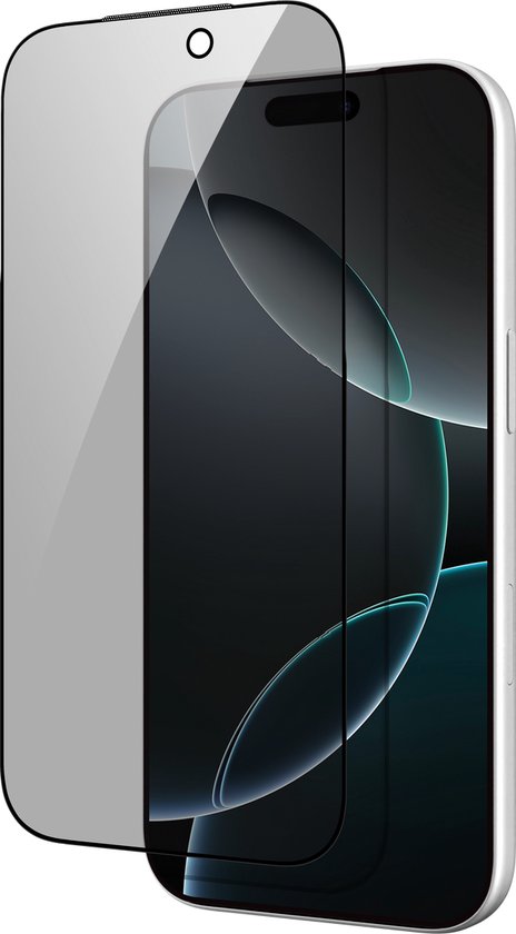 Zwarte privacy screenprotector geplaatst voor een smartphone op een zwarte achtergrond.