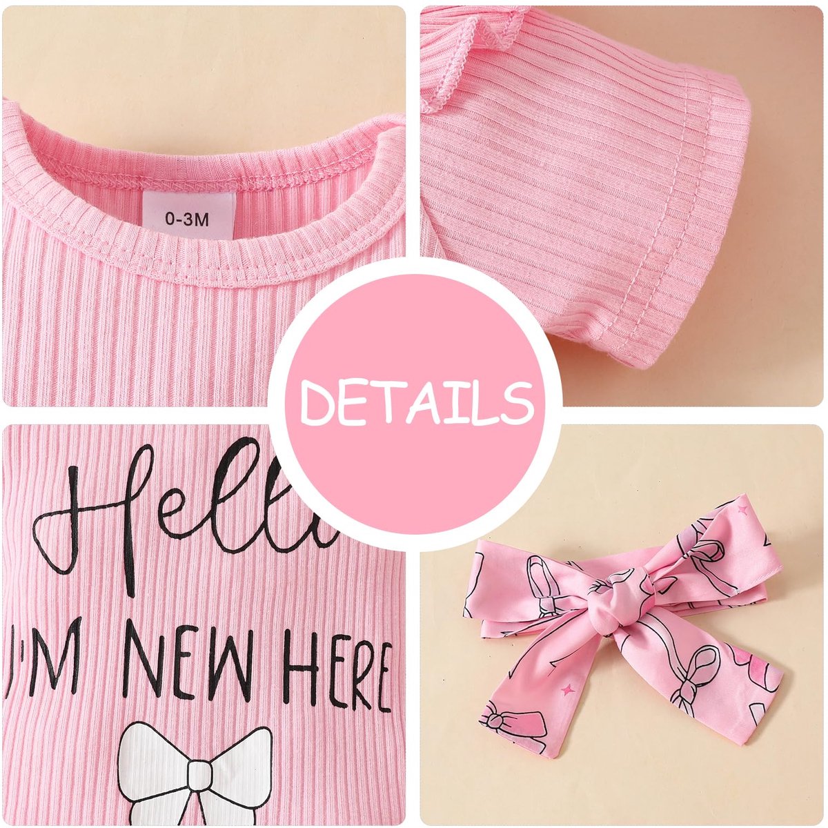 SnelShoppen - Zomerrok voor Pasgeborenen met Ruches, Korte Mouwen, Bloemenprint en Bretels - 3-delige Set met Haarband - Roze Hello, 0-3 Maanden, Perf
