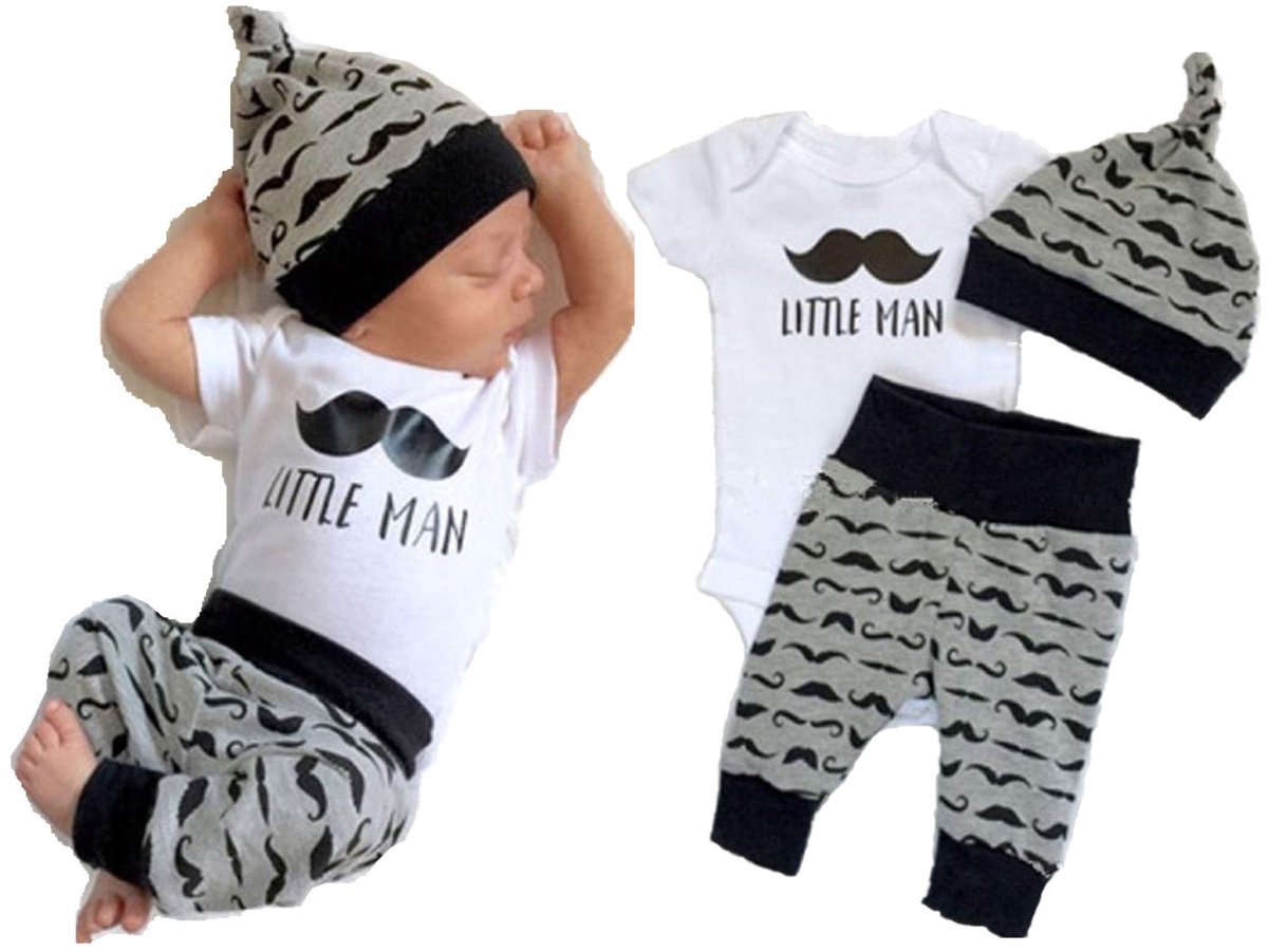 SnelShoppen - Pasgeboren Baby Jongen Kleding Set - Romper Tops, Lange Broek en Hoed - Kleine Man Print - 3 Stuks - Wit - 12-18 maanden - Perfect voor