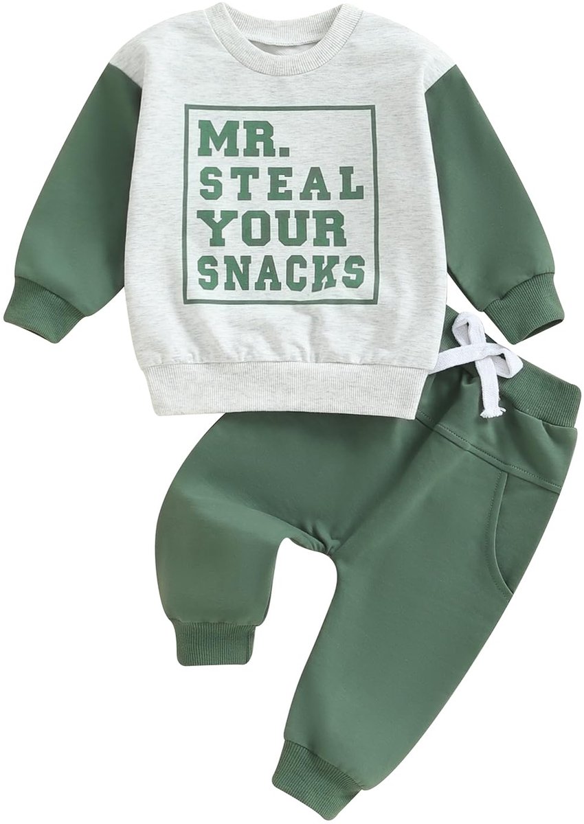 SnelShoppen - Peuter Baby Jongens Outfits T-Shirt Lange Mouw Letter Print Sweatshirts Trui + Pocket Broek Set 2 Stuks Groen 2-3 Jaar Contrast Kleur Tr