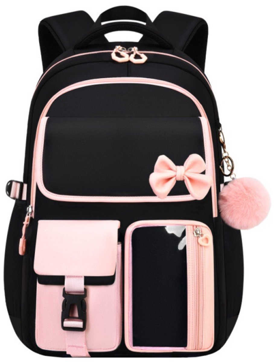 Bobypet Schooltas Meisjes - Rugzak voor Middelbare School - 22L Laptop Rugzak voor Tieners met Strik en Pompon - Duurzame Schooltas voor Meisjes van 6-18 Jaar - Roze