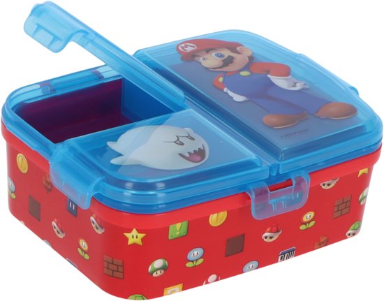 Open rode en blauwe broodtrommel met Super Mario thema. Binnenzijde met Mario en Boo.