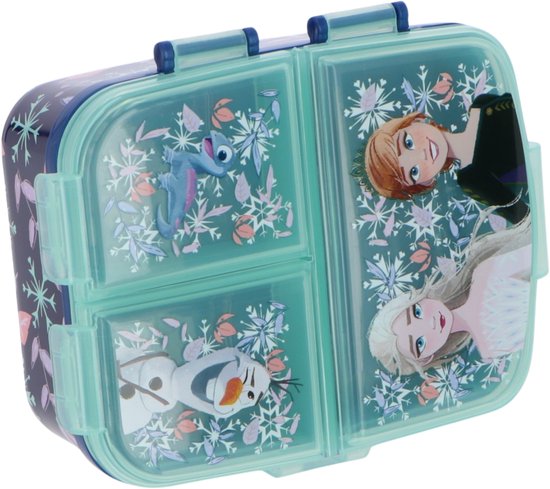 Boîte à lunch turquoise à 4 compartiments avec images d'Elsa, Anna et Olaf. Avec motif de feuilles et de flocons de neige.