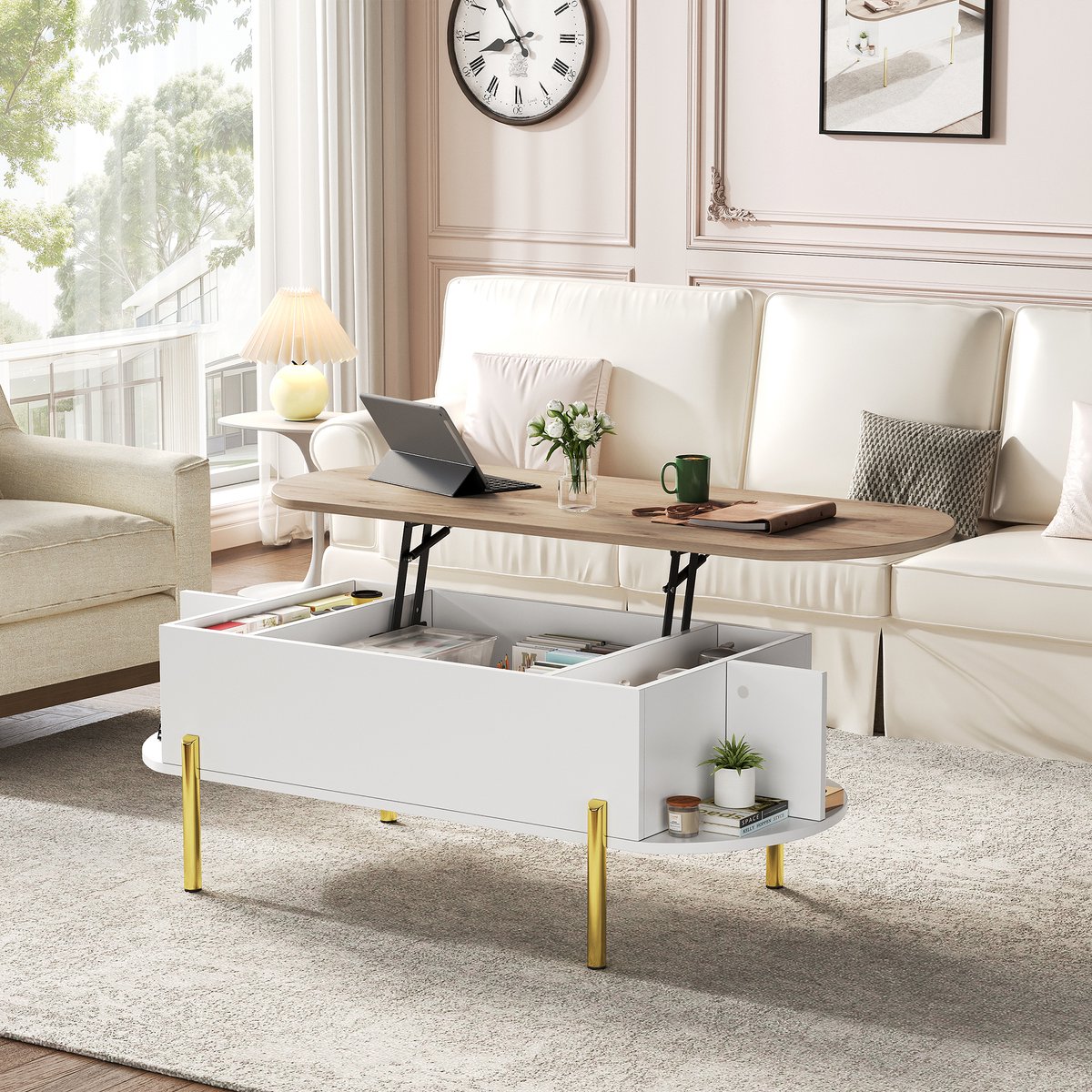 COVREO Salontafel 120 x 50 x 43 cm – verstelbare tafelplaat, verborgen opbergruimte, wit