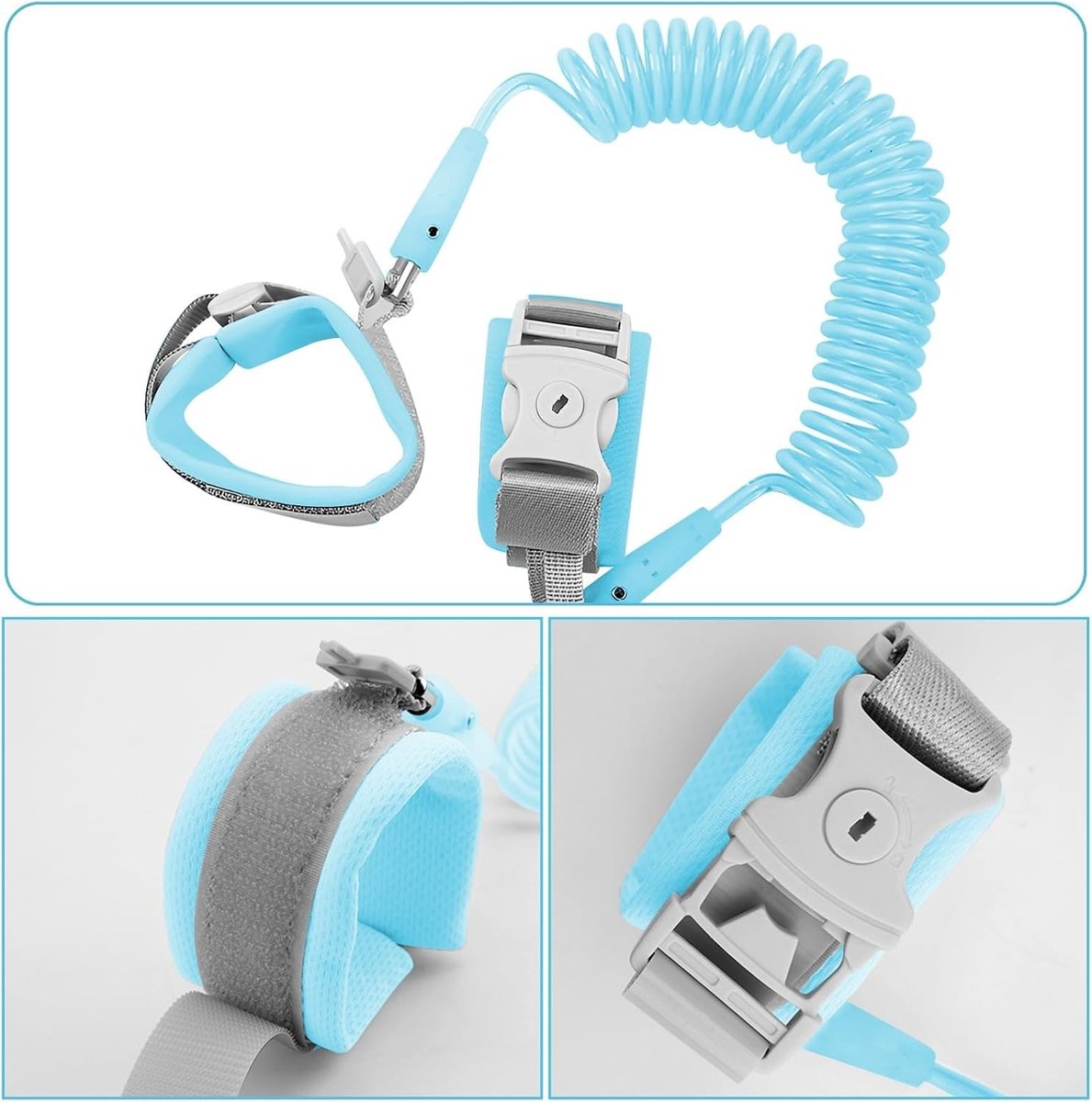 Rekbare anti-verliesarmband voor kinderen, 2,5 m, met veiligheidsharnas en 360° rotatie, ideaal voor reizen, winkelen en openbare plaatsen, blauw