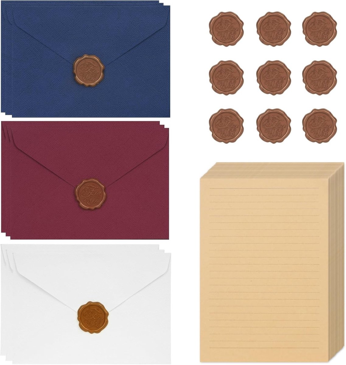 Vintage Briefpapier Set met 9 Linnen Enveloppen en Waszegels, 20 A5 Papieren voor Liefdesbrieven, Trouwen, Verjaardagen en Wenskaarten