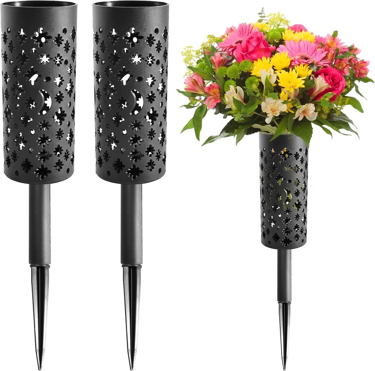 Set van 2 Grave Vazen met Grondspike - Zwarte Plastic Vazen voor Begraafplaats, Bloemenhouder voor Herinneringen, Ongeveer 39 x 7 cm