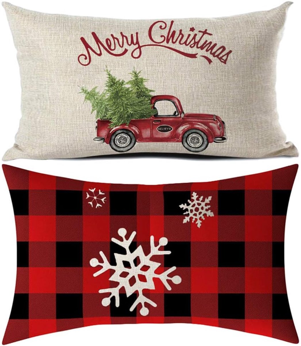 SnelShoppen - Kussenhoezen Kerst Kussens 12"x20" Buffalo Check Plaid Retro 2-Pack - Luxe Faux Linnen met Rits - Sneeuwvlokken en Kerstboom Design voor