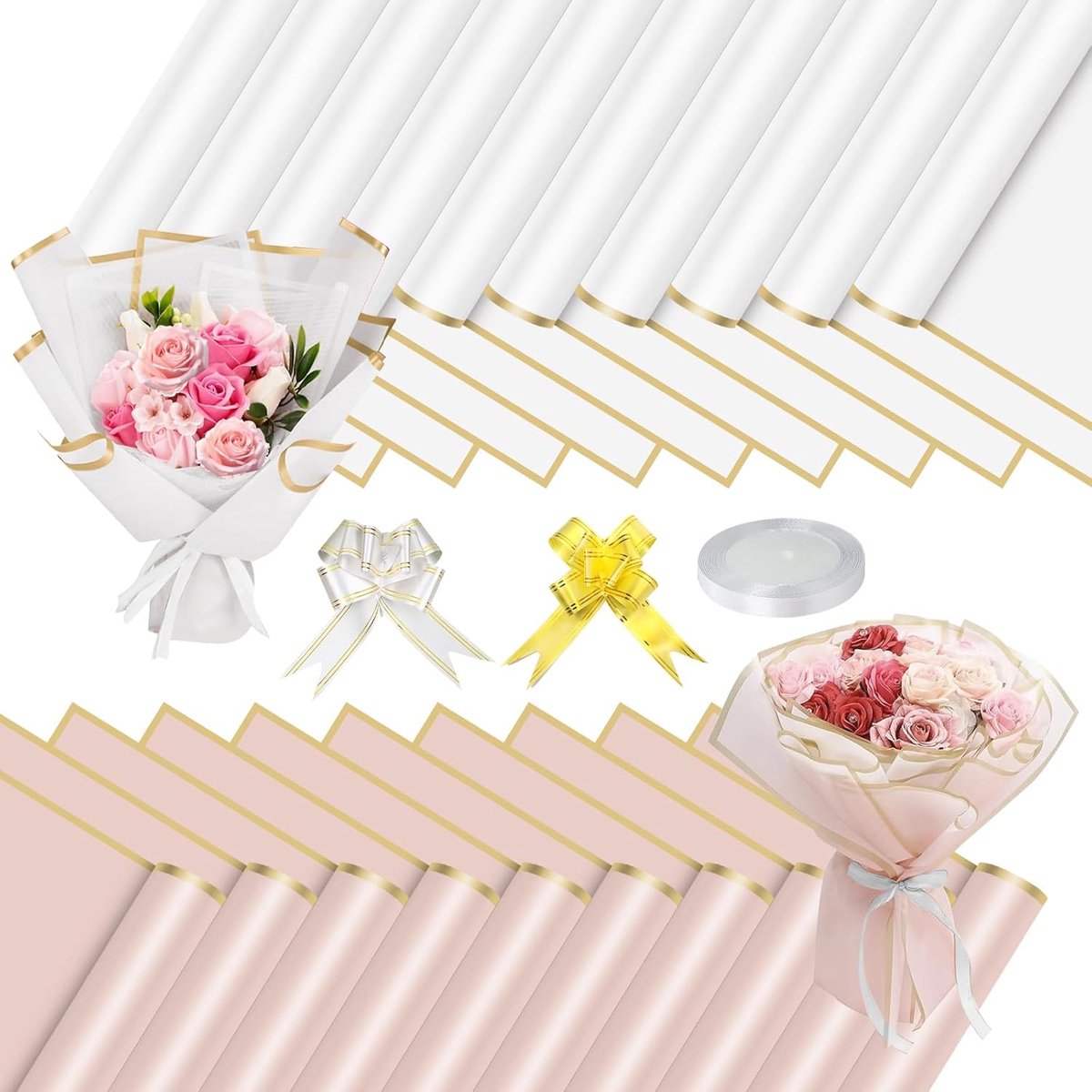 SnelShoppen - 20 Vellen Boeket Papier 58x58 cm in Wit en Roze met Gouden Rand, Waterdicht Bloemenpapier met 10 Ribbons en 1 Rol Witte Rint, Perfect vo