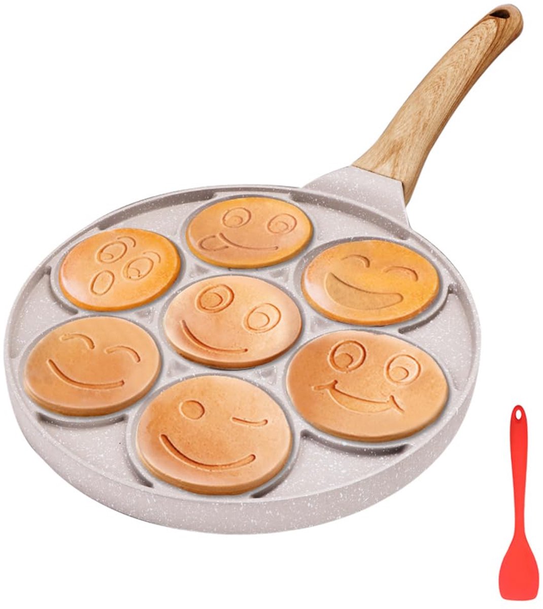 SnelShoppen - Smiley Face Pannenkoekenpan, Antiaanbak Mini Pannenkoekenmaker met 7 Gaten, Inductie Geschikt, 26 cm, Wit - Perfect voor Kinderen en Fee