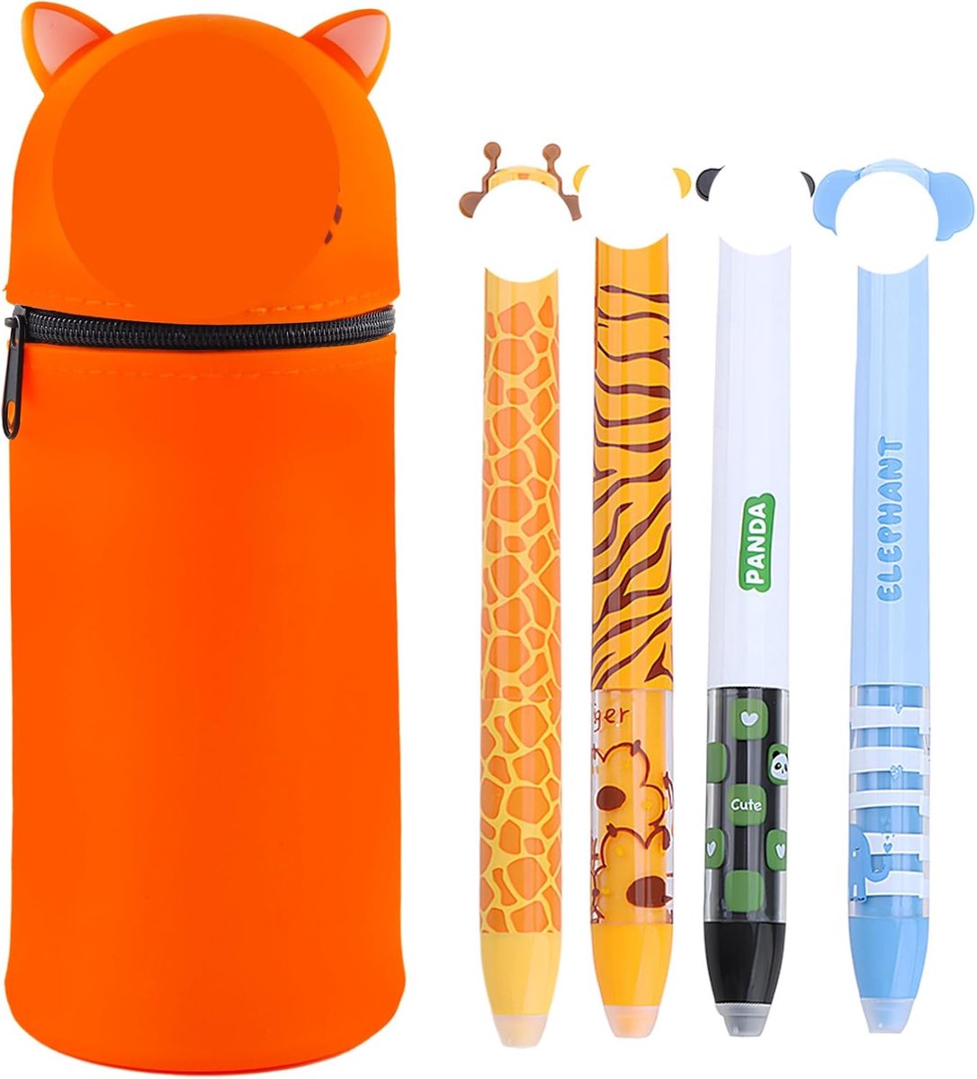 SnelShoppen - Kawaii Silicone Pennenzak met 4 Verwijderbare Gelpennen - Lichtgewicht en Draagbaar - Oranje Tijger Motief - Perfect voor School, Kantoo