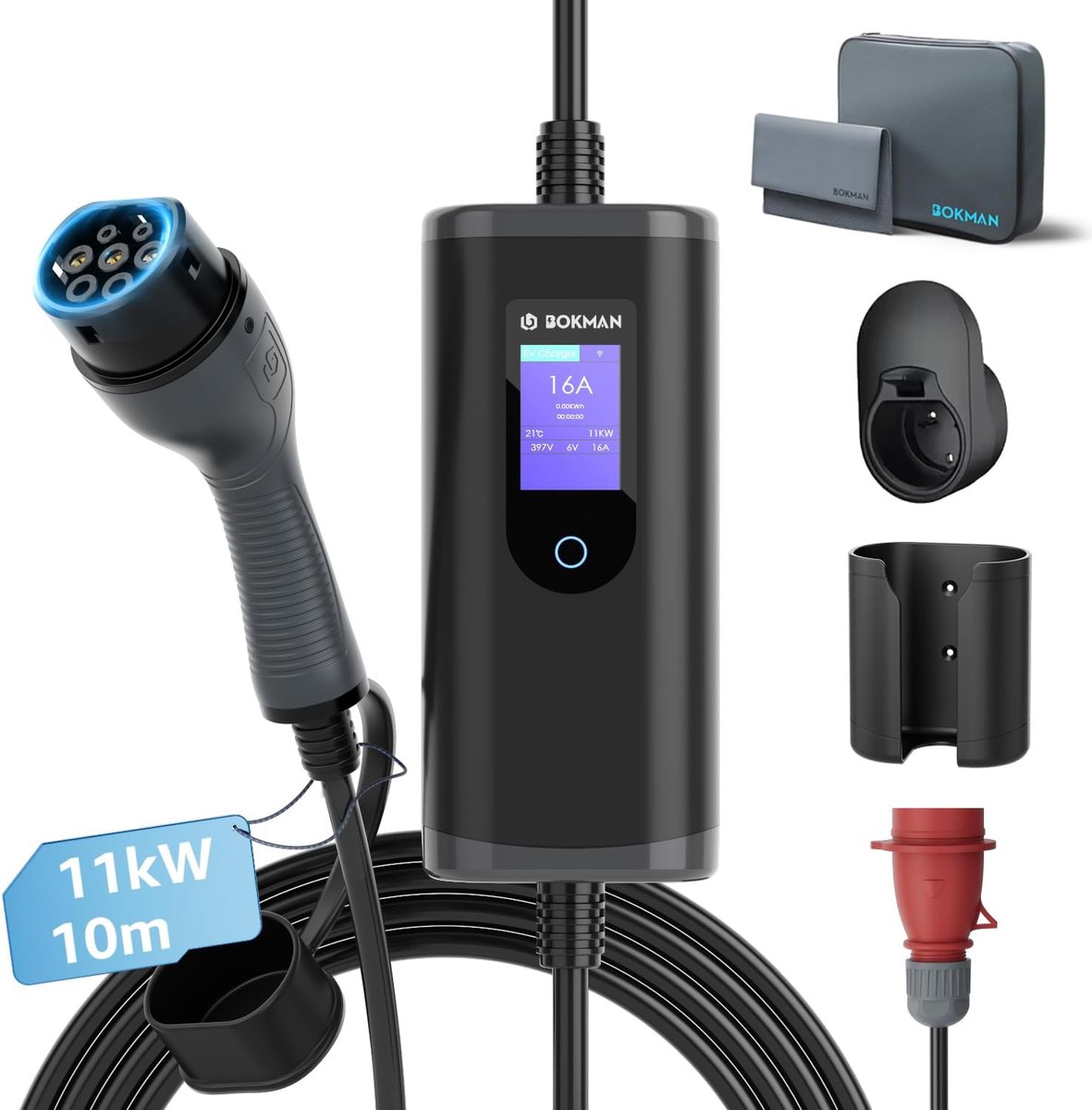 SnelShoppen - Draagbare Type 2 Oplaadkabel met CEE Plug, 10 m, 11 kW, 3-fase, Waterdicht IP65, Ideaal voor Thuis en Publieke Laadstations, Inclusief D